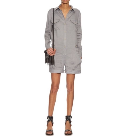 Vince Fossil Gray Linen Blend Long Sleeve Romper